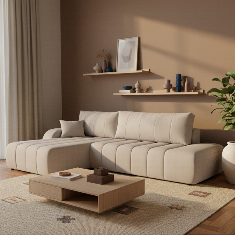 Canapé d'angle gauche convertible BELEM 4/5 places tissu chenille grège