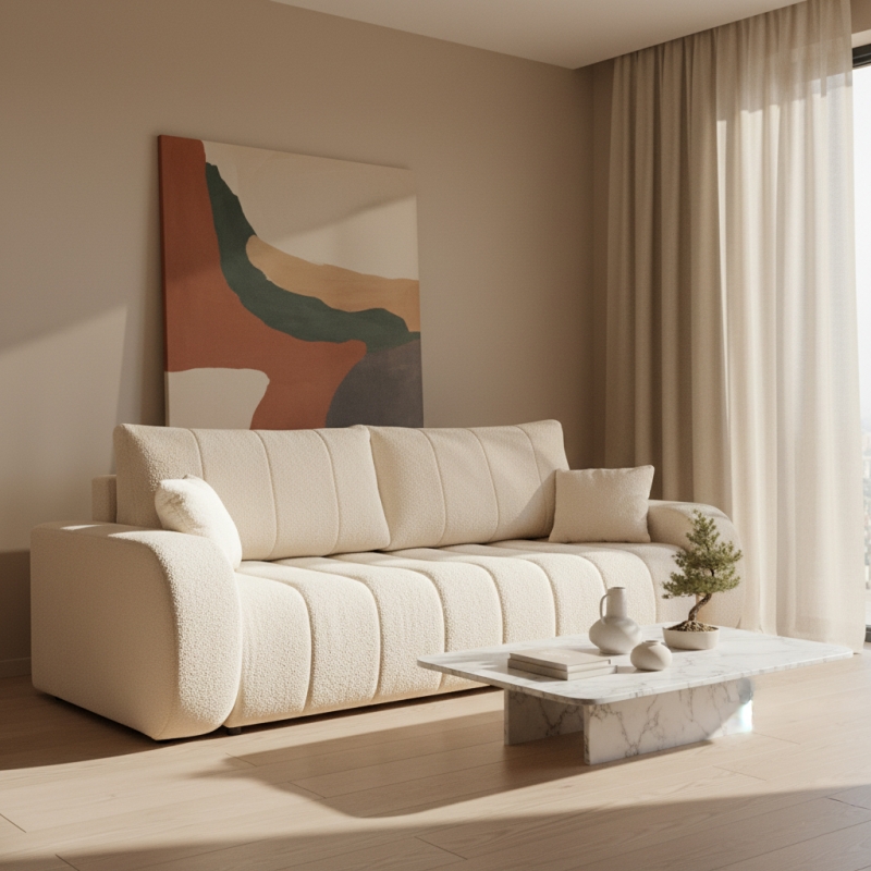 Canapé droit convertible BELEM 3 places tissu bouclette écru