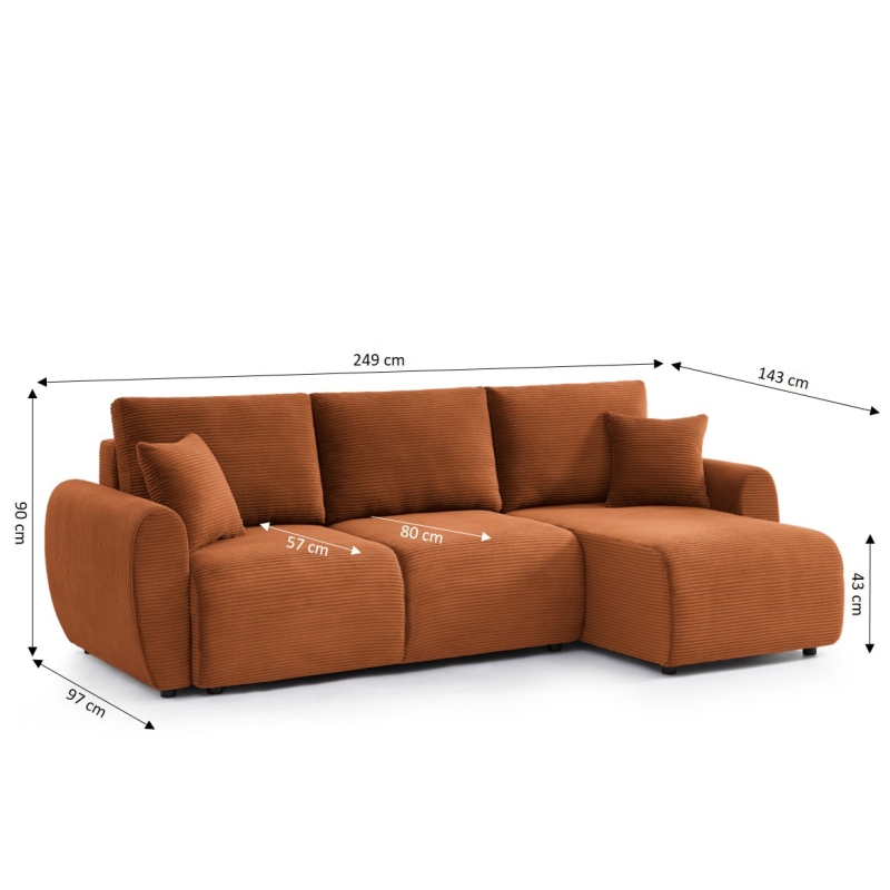 Canapé d'angle DANILO convertible velours côtelé terracotta 4 places