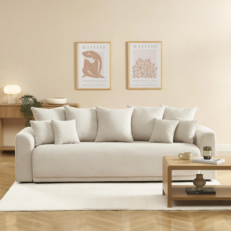 Canapé droit SOLINE convertiblevelours cotêlé beige 3 places