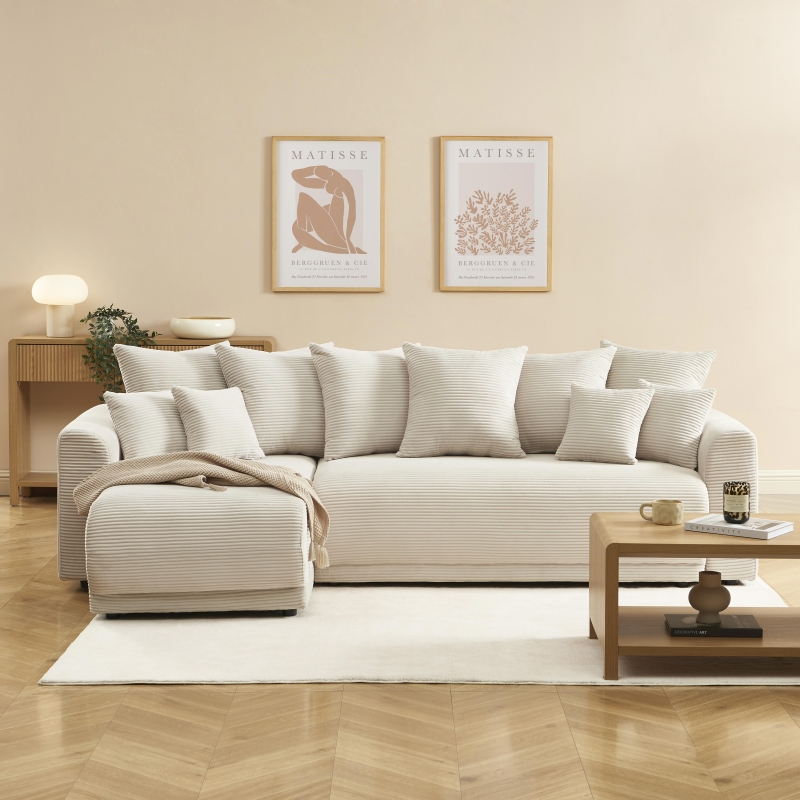 Canapé angle SOLINE convertible velours côtelé beige 4 places