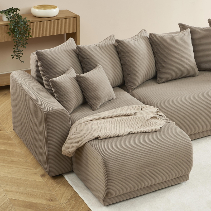 Canapé angle SOLINE convertible velours côtelé taupe 4 places