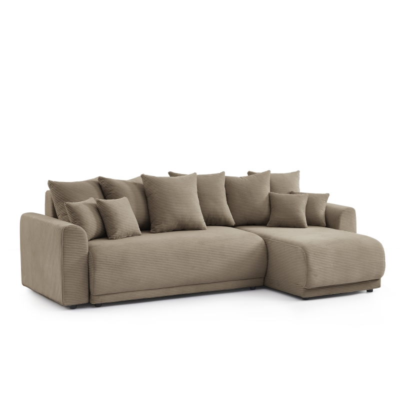 Canapé angle SOLINE convertible velours côtelé taupe 4 places