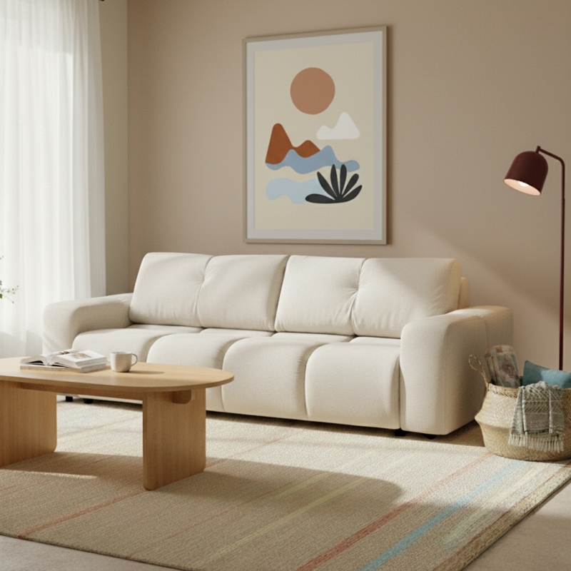 Canapé droit convertible SORELLA 3 places tissu chenille écru