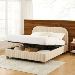 Lit coffre PILKA 140x190 tissu rayé beige et écru sommier inclus