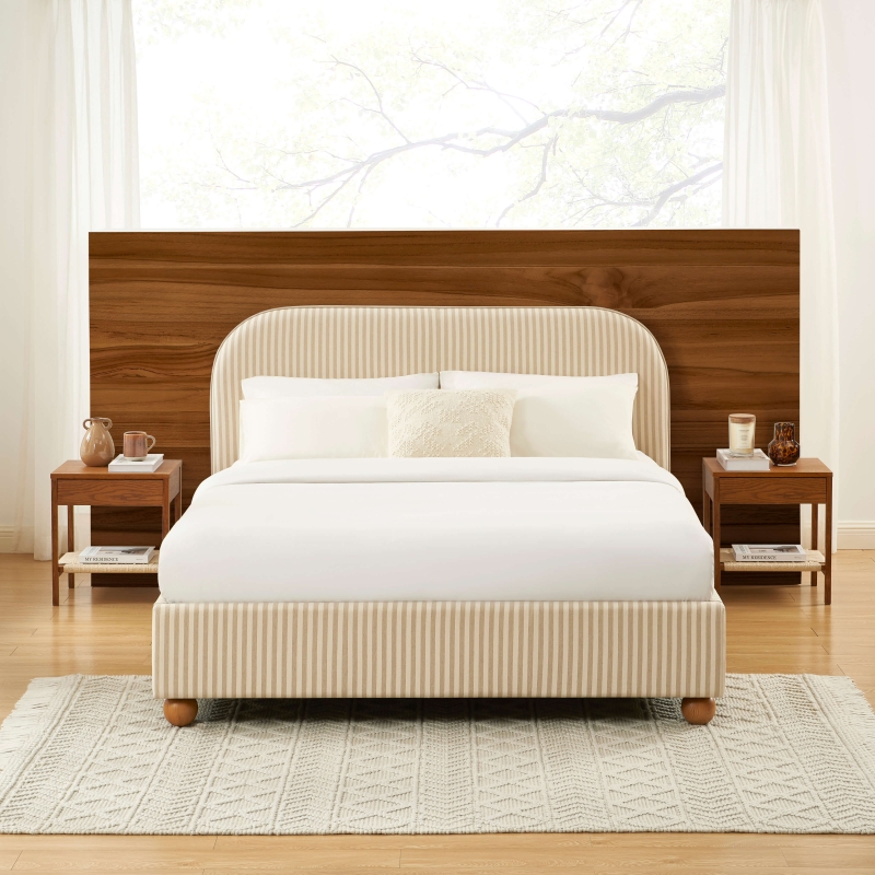 Lit coffre PILKA tissu rayé beige et écru 160x200 sommier inclus