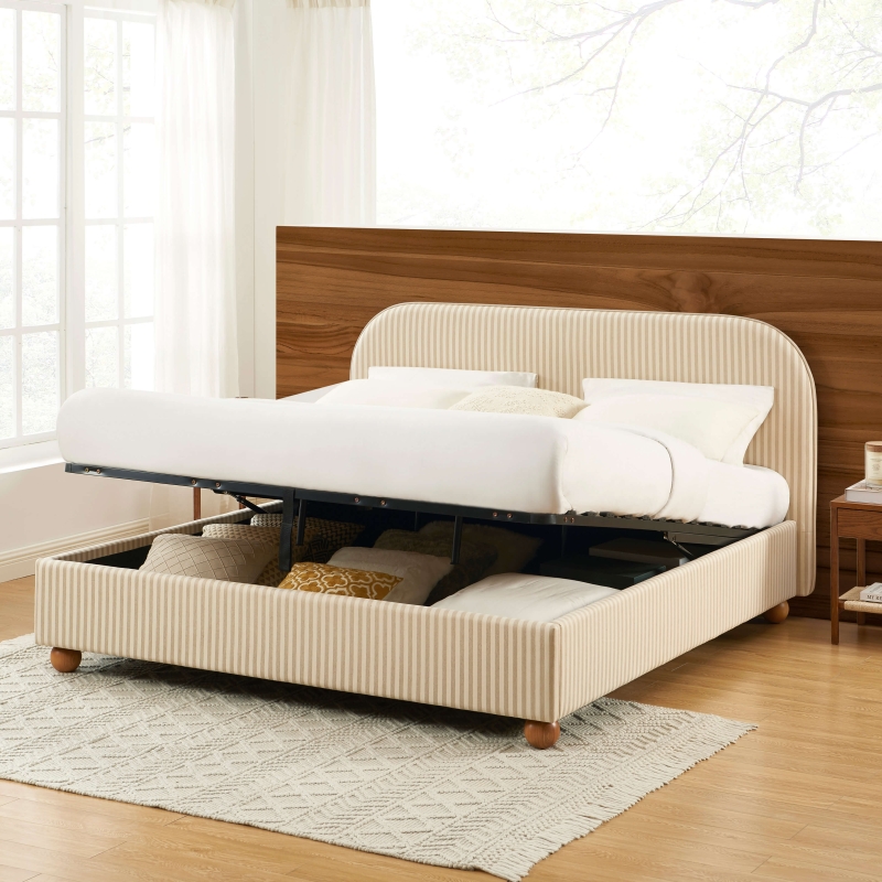 Lit coffre PILKA 180x200 tissu rayé beige et écru sommier inclus