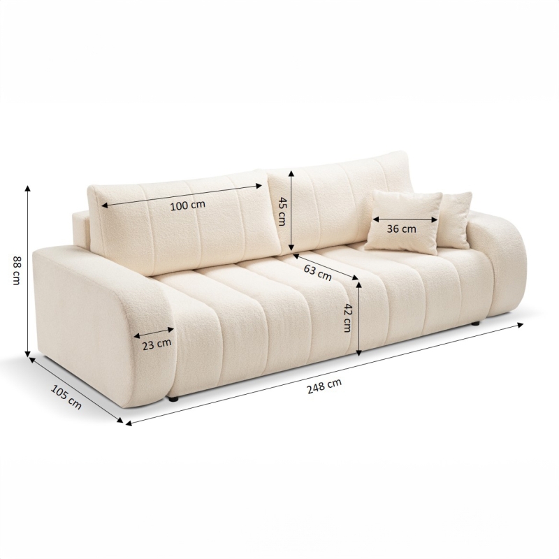 Canapé droit convertible BELEM 3 places tissu bouclette écru