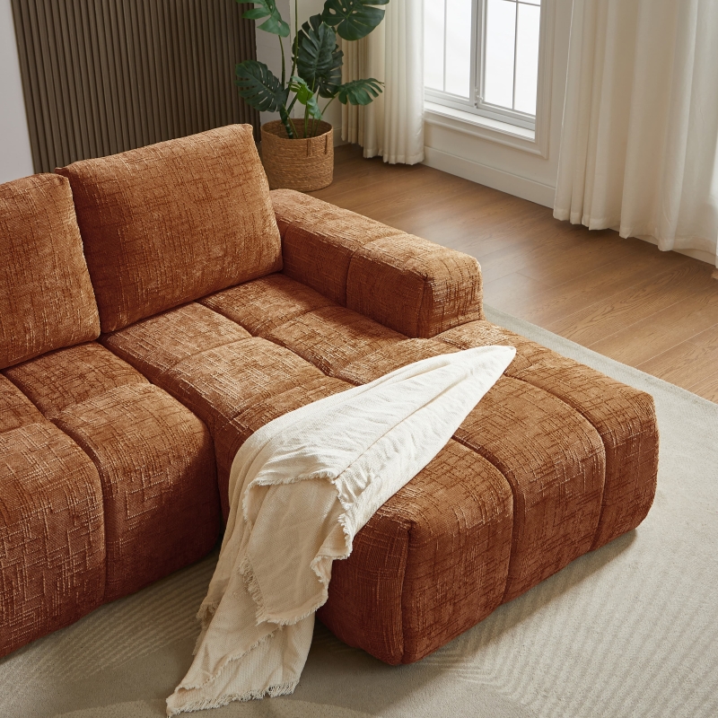 Canapé d'angle droit compressé AUREA 4 places tissu terracotta