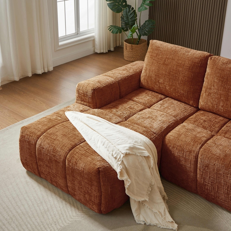 Canapé d'angle gauche compressé AUREA 4 places tissu terracotta