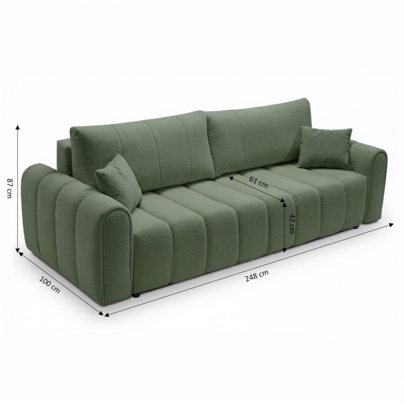 Canapé droit convertible GIORGIO 3 places tissu bouclette vert kaki