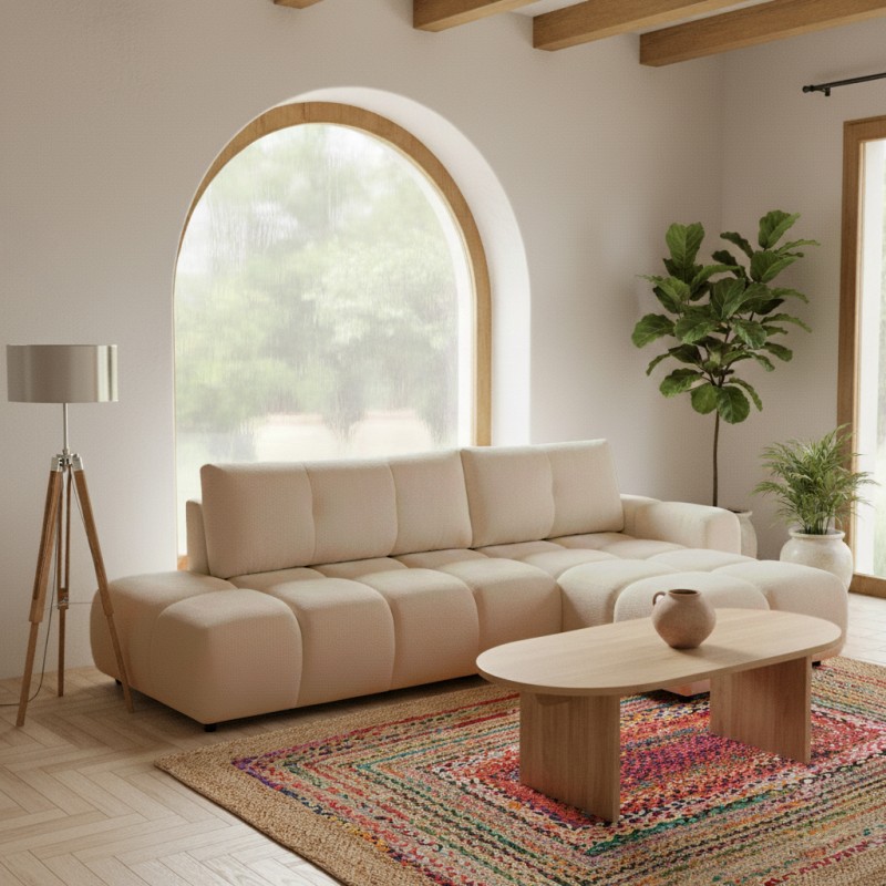 Canapé d'angle droit convertible SORELLA 4 places tissu chenille grège