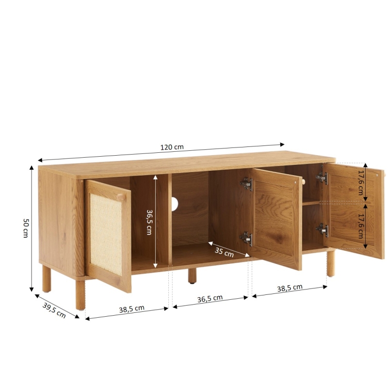 Meuble TV HAIDA effet chêne et rotin 120cm