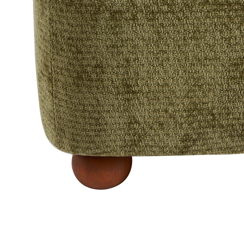 Fauteuil JUDY tissu chenille vert pieds boules teintés noyer