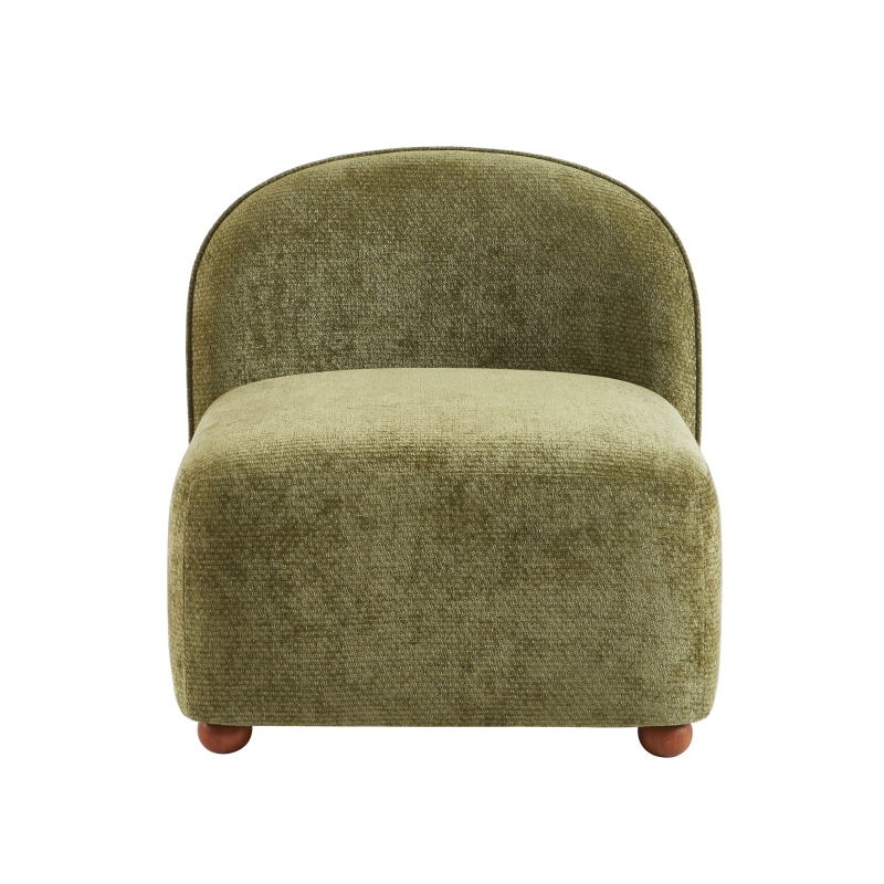 Fauteuil JUDY tissu chenille vert pieds boules teintés noyer