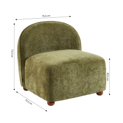 Fauteuil JUDY tissu chenille vert pieds boules teintés noyer