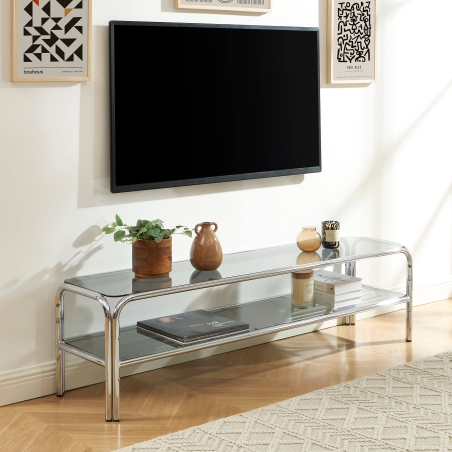 Meuble TV MAGGY verre trempé noir et structure en chrome 160cm