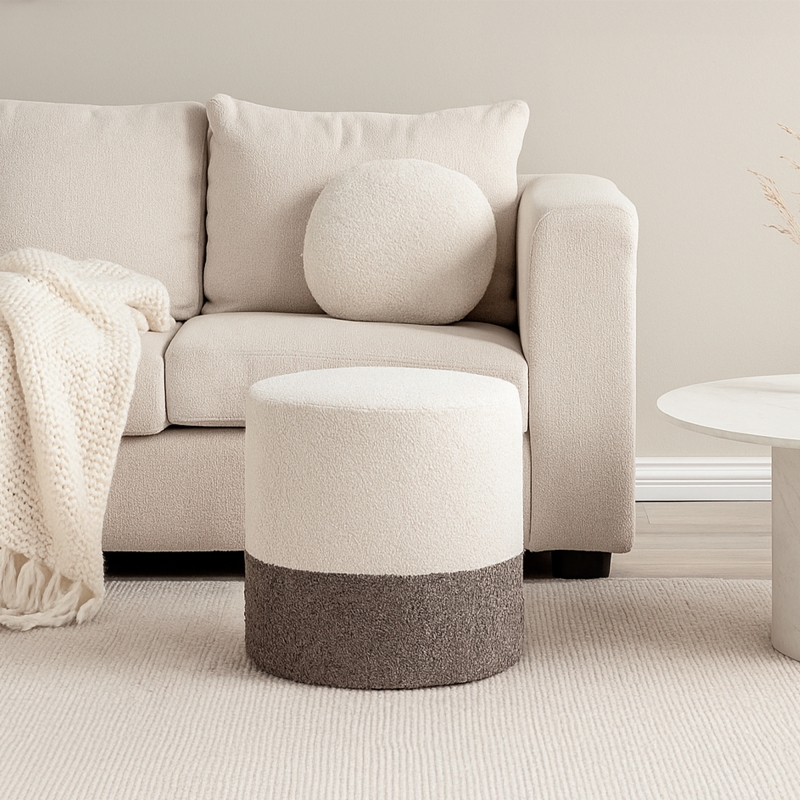 Pouf HAN en tissu boucletteblanc et gris