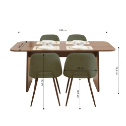 Ensemble repas table à manger LANGO effet noyer et 4 chaises ELISABETH tissu vert pieds effet noyer