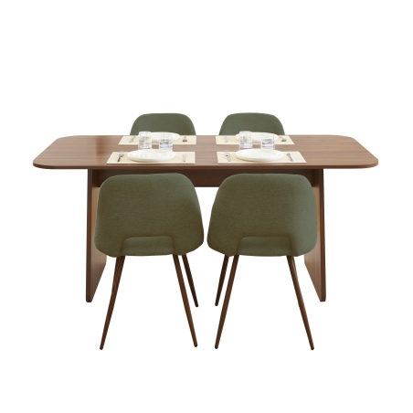 Ensemble repas table à manger LANGO effet noyer et 4 chaises ELISABETH tissu vert pieds effet noyer