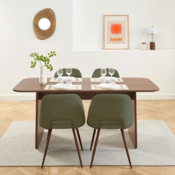 Ensemble repas table à manger LANGO effet noyer et 4 chaises ELISABETH tissu vert pieds effet noyer