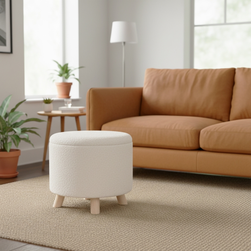 Pouf avec rangement OAD en tissu bouclette blanc et pieds bois