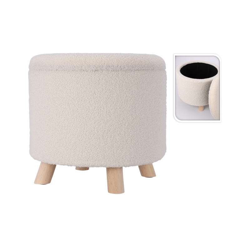 Pouf avec rangement OAD en tissu bouclette blanc et pieds bois