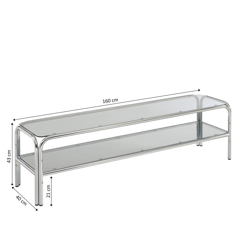 Meuble TV MAGGY verre trempé noir et structure en chrome 160cm