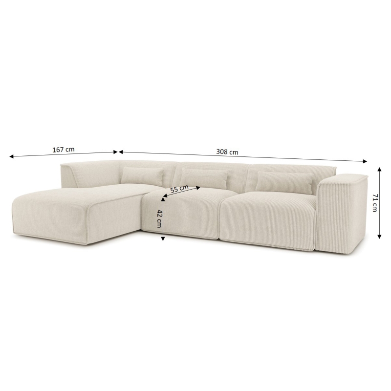 Canapé d'angle gauche fixe NUNA 5/6 places velours côtelé beige