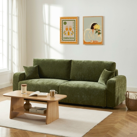 Canapé droit convertible LIVIO 3 places tissu vert