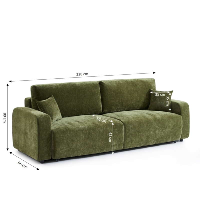 Canapé droit convertible LIVIO 3 places tissu vert