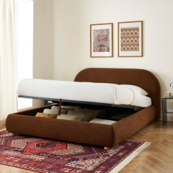 Lit coffre JELLY 160x200 tissu bouclette marron sommier inclus