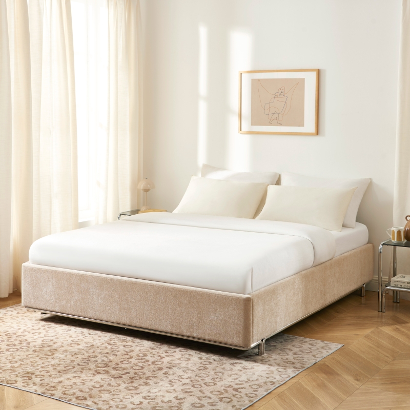 Lit coffre MAGGY 160x200 tissu chenille beige sommier inclus