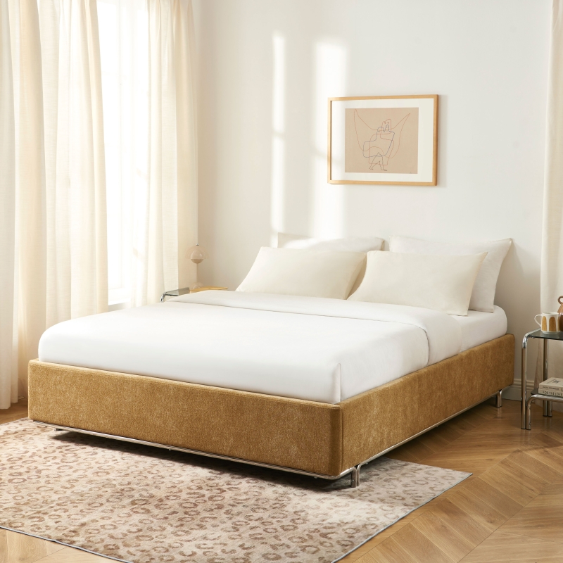 Lit coffre MAGGY 160x200 tissu chenille marron sommier inclus