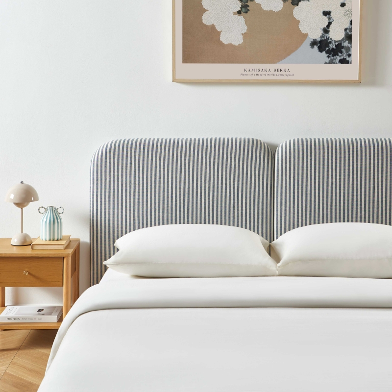 Tête de lit LOUISON tissu lin rayé blanc et bleu 160cm