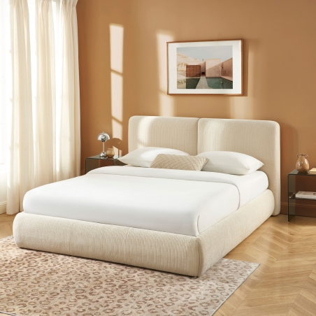Lit coffre YOKA 160x200 velours côtelé beige sommier inclus