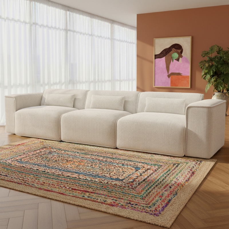 Canapé droit fixe NUNA 4/5 places velours côtelé beige