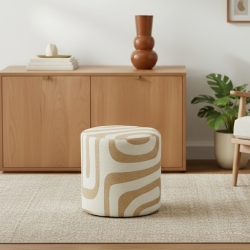 Pouf KON en tissu blanc et motif beige