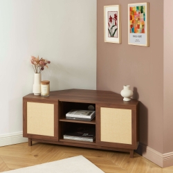 Meuble TV d'angle HARIA effet noyer et rotin 120cm