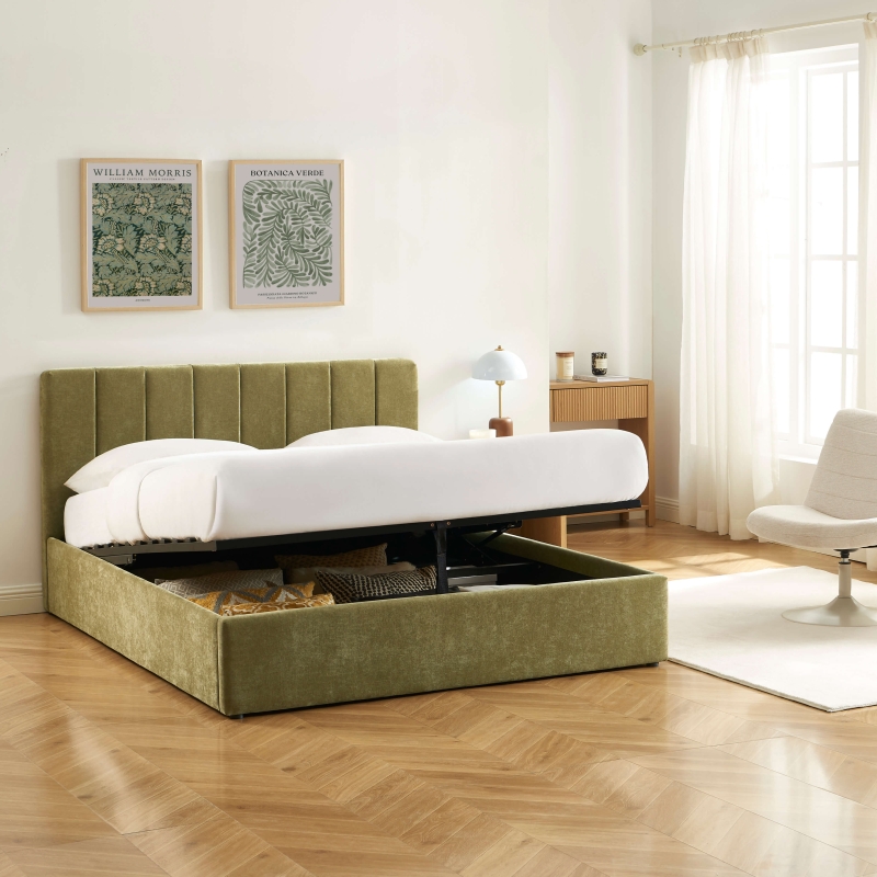 Lit coffre DARIO 160x200 tissu vert sommier inclus