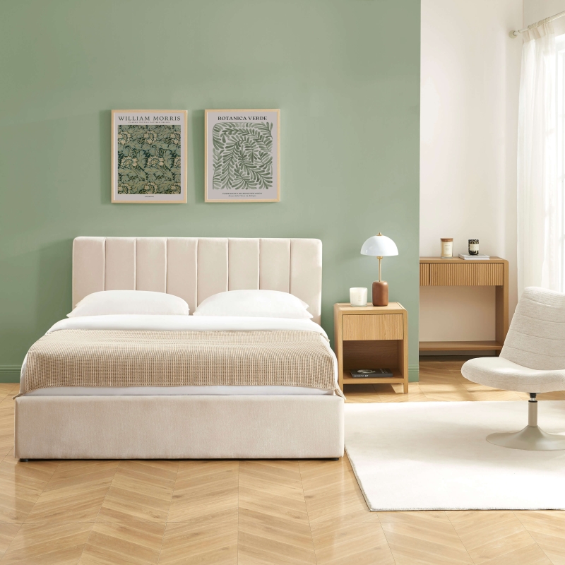 Lit coffre DARIO 160x200 tissu beige sommier inclus