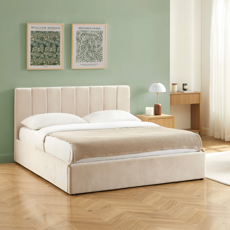 Lit coffre DARIO 160x200 tissu beige sommier inclus