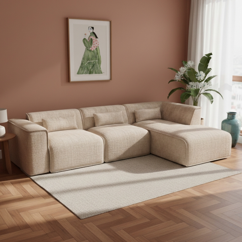 Canapé d'angle droit fixe NUNA 5/6 places tissu taupe