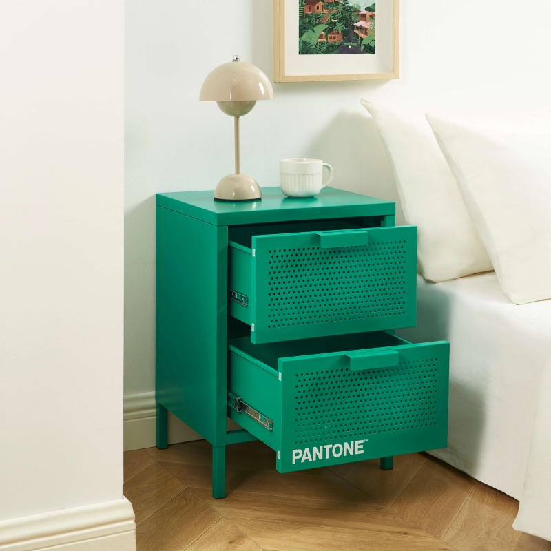 Table de chevet PANTONE métal émeraude double tiroirs 40cm