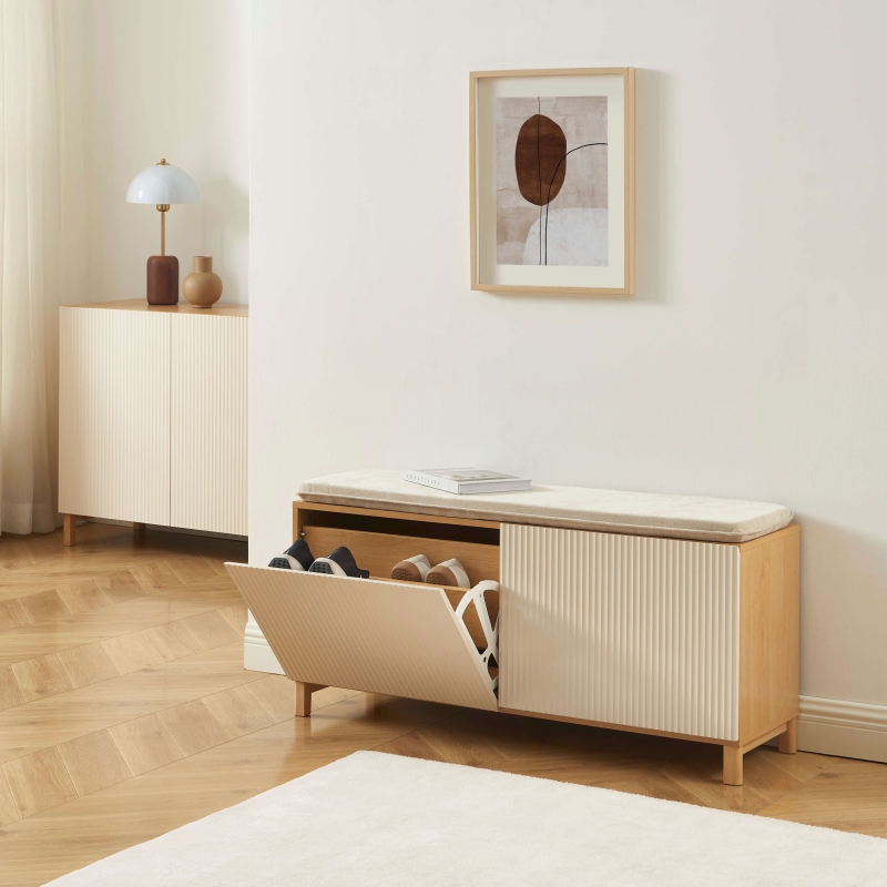 Banc à chaussures ORCA effet chêne et portes beiges