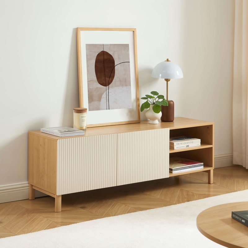 Meuble TV ORCA effet chêne et portes beiges 140 cm