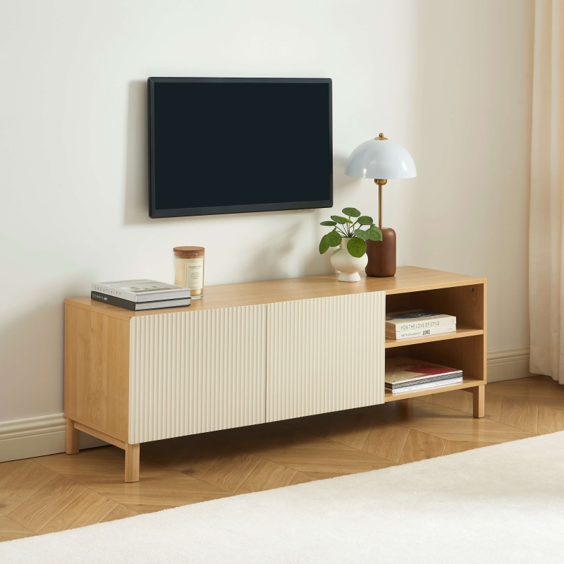 Meuble TV ORCA effet chêne et portes beiges 140 cm