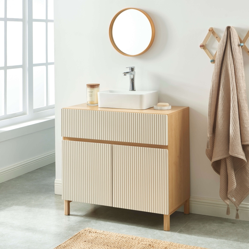 Meuble sous vasque ORCA effet chêne et portes beiges 80cm