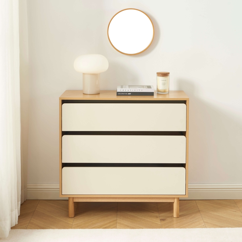 Commode THALIA 3 tiroirs beige et effet chêne 90cm