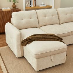 Canapé d'angle convertible et réversible IMPA 4 places tissu chenille beige